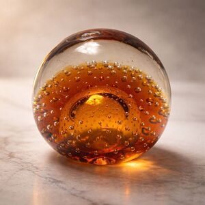 Vintage Hand Blown Glass Paperweight Bubble Amber Minimalist Luxe Decor